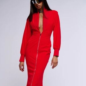 AKIRA VERA LONG BOMBER DRESS JACKET IN RED Size XL (Fits Like M)